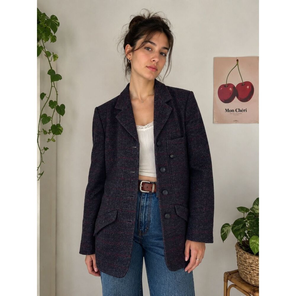 Vintage Wool 90s Plaid Button Up Blazer with Pockets Harve Benard Dark Academia